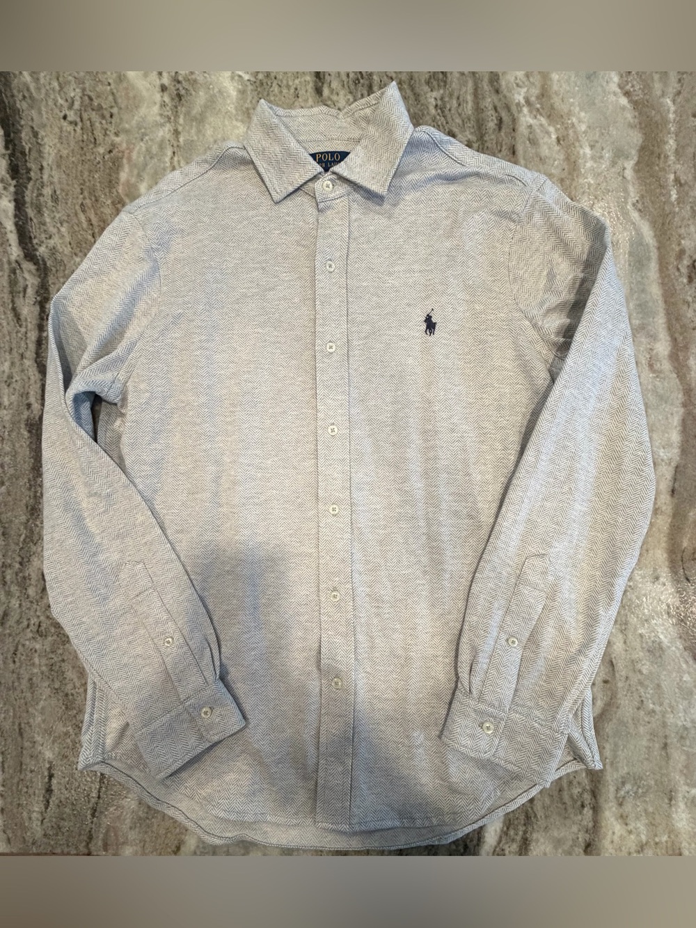 Polo Ralph Lauren Knit Dress Shirt Mens Large Grey Herringbone  Spread Collar